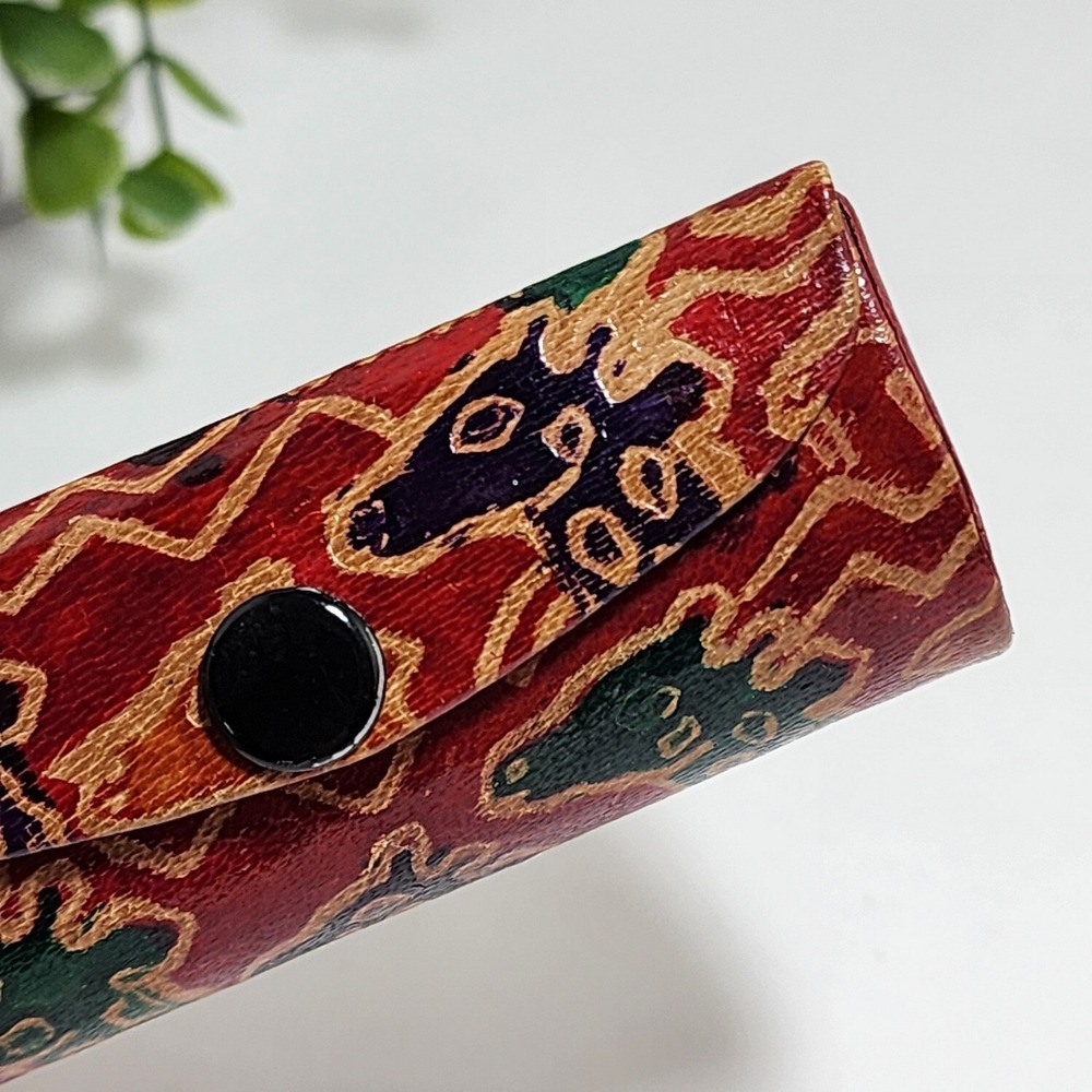 Vintage Embossed Leather Lipstick Holder Case ~ Giraffes - Red ~ Made in India